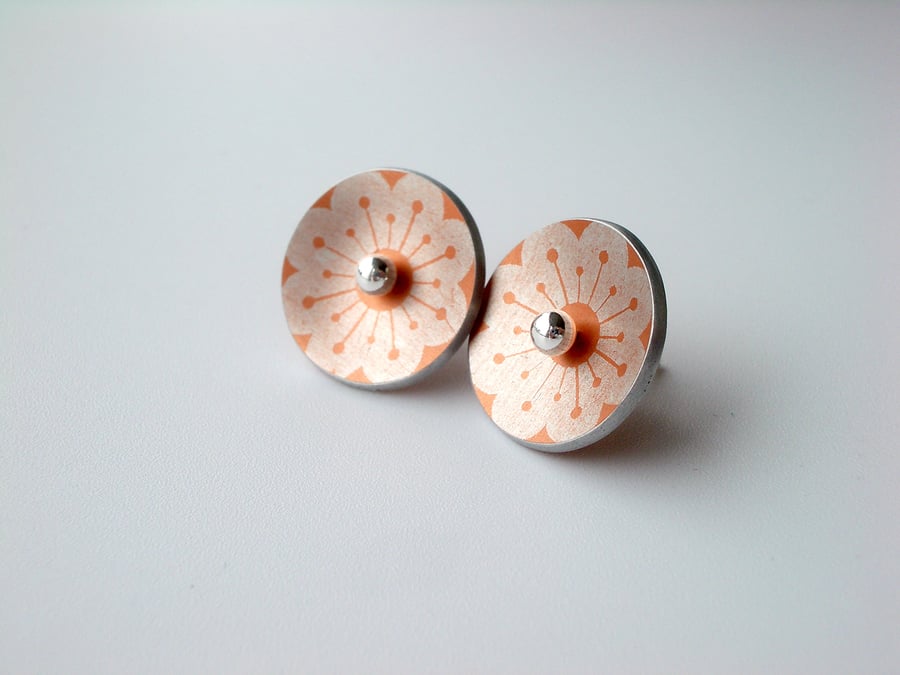 Orange and silver flower circle studs