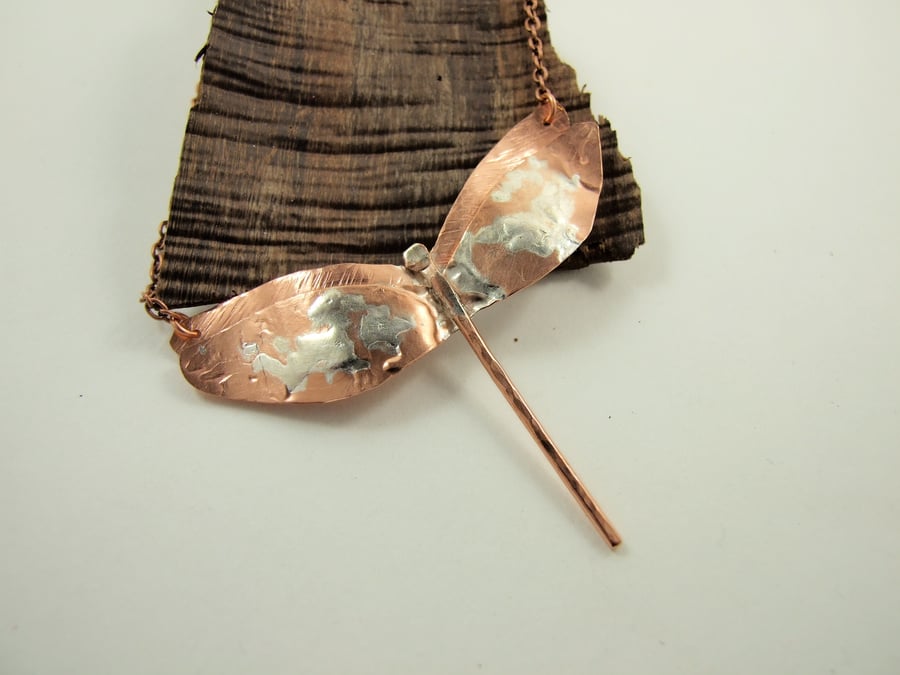 Damselfly Necklace, Copper with Sterling Silver, Long Pendant Necklace