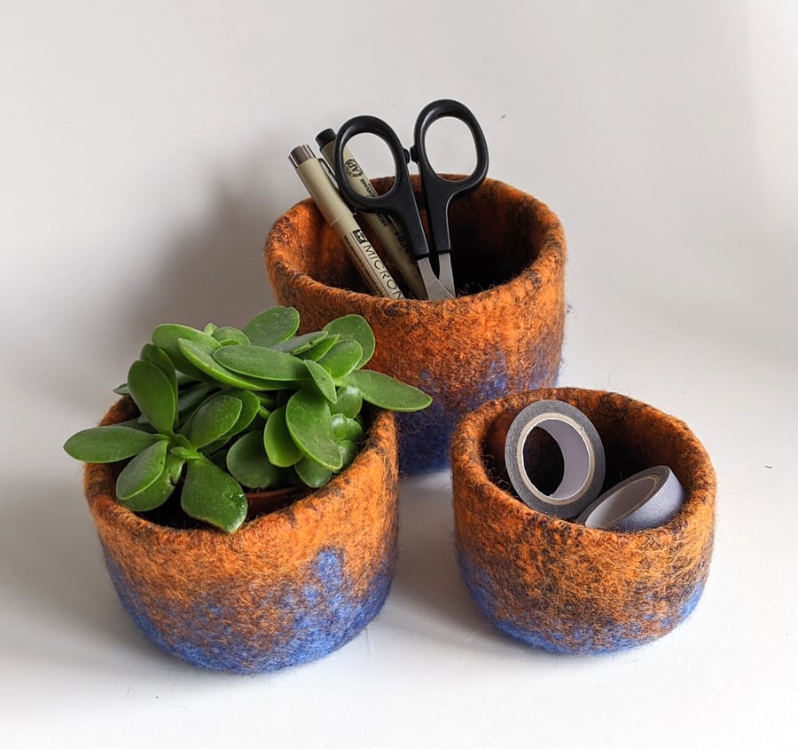 Trio of nesting wool felt pots - blue and orange