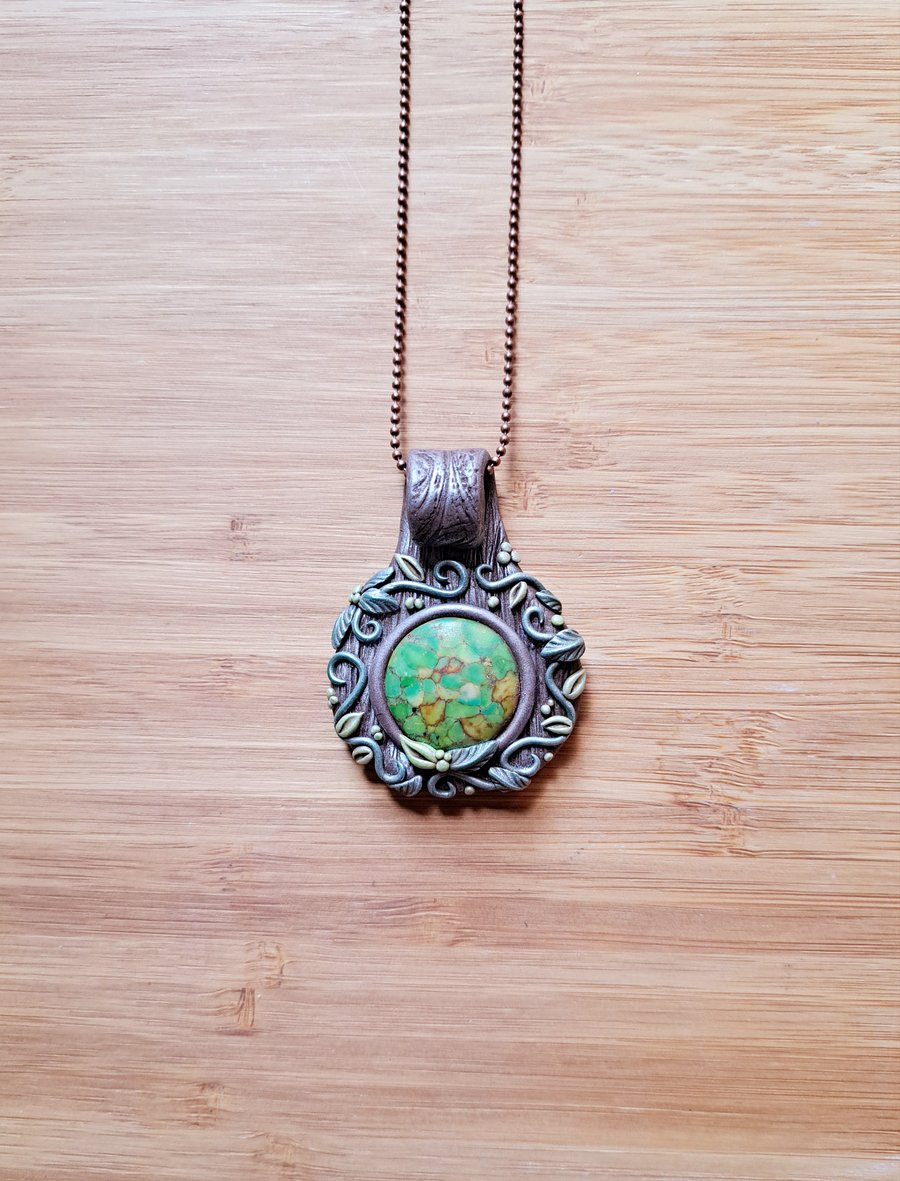 Green Mottled Jasper and Polymer Clay Woodland Amulet Pendant
