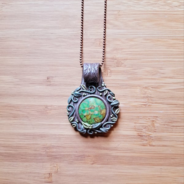 Green Mottled Jasper and Polymer Clay Woodland Amulet Pendant
