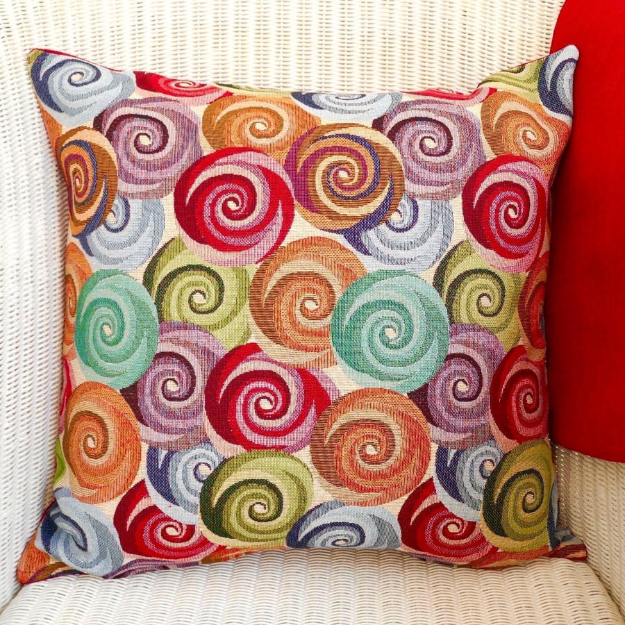 Image of Cushion Cover: Tapestry Swirls design Red reverse 17" (43cm)