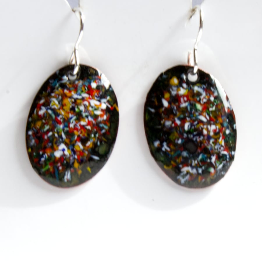 multicolour, enamel chip on black earrings - oval,  