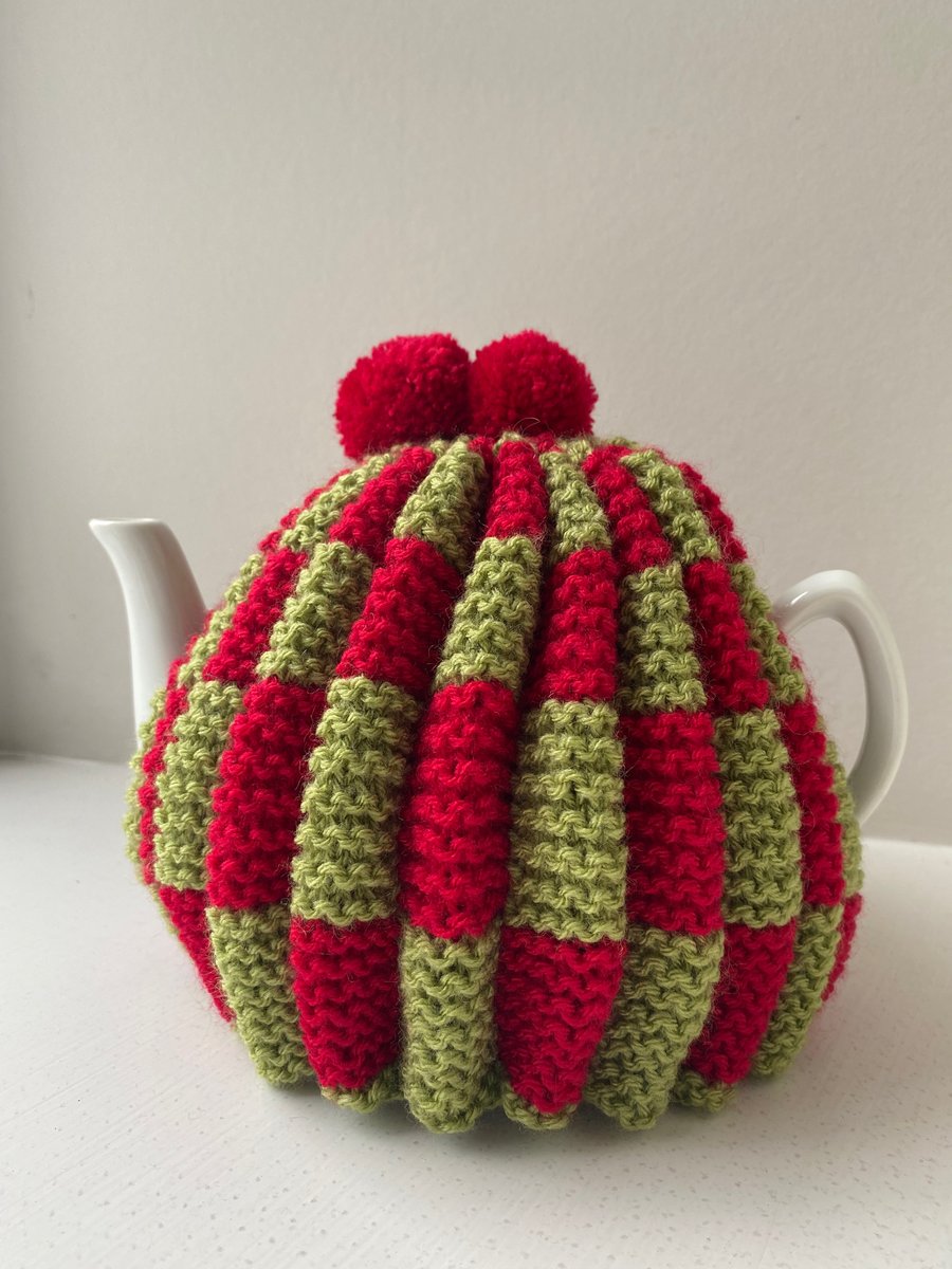 Traditional Handknitted Tea Cosy with Pompoms, in Green and Red