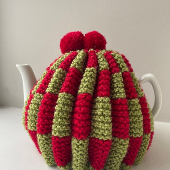 Traditional Handknitted Tea Cosy with Pompoms, in Green and Red