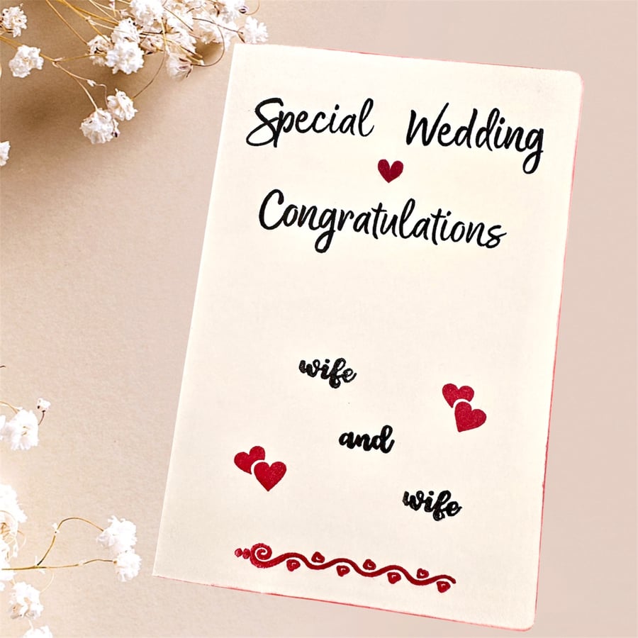 Wife and wife special Wedding Congratulations Card, hearts, for lesbian Couple