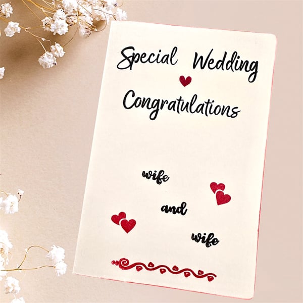 Wife and wife special Wedding Congratulations Card, hearts, for lesbian Couple