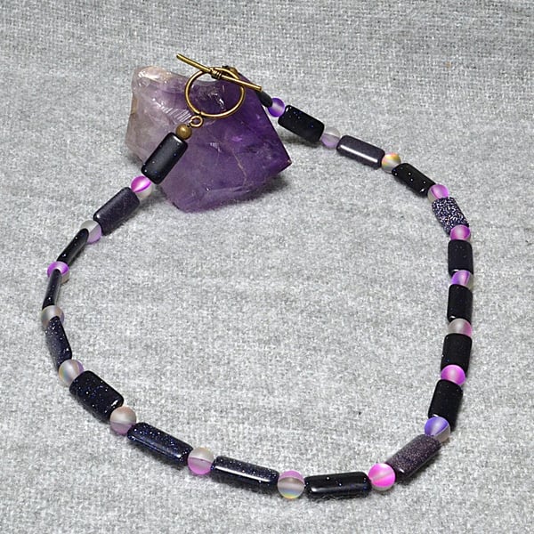 Blue Goldstone Oblong and Pink Shimmer Frosted Glass Bead Necklace