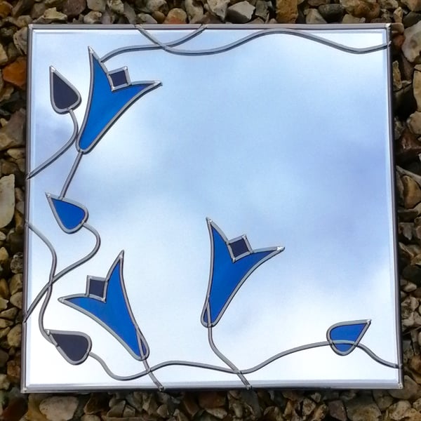 30cm Square Art Nouveau Lilies Mirror in shades of peacock blues. 