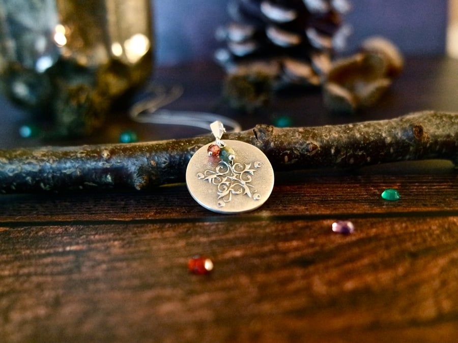 Festive Silver Necklace, star pendant, silver green red gemstone, Christmas