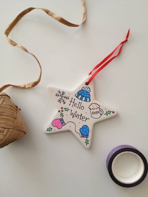 Hello Winter ceramic decoration, star ceramic, Winter decor, winter decoration