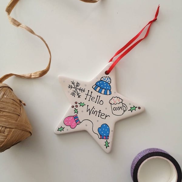 Hello Winter ceramic decoration, star ceramic, Winter decor, winter decoration