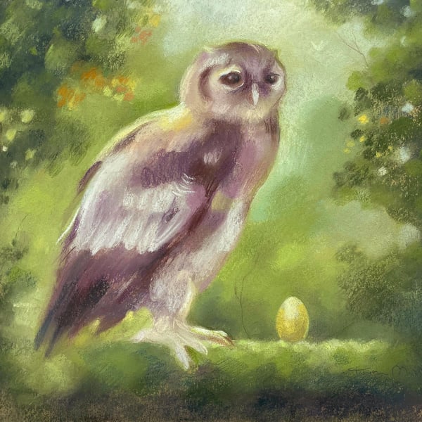 Eagle Owl drawing - soft pastel, coloured pencil, golden egg, fairytale art 