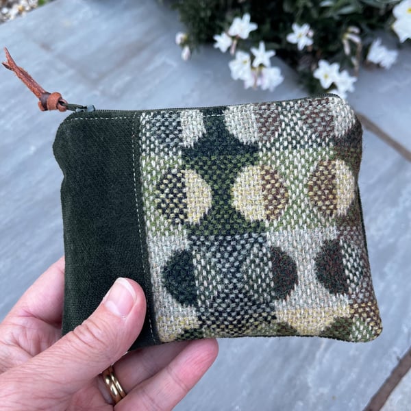 Green wool and moleskin coin purse small pouch