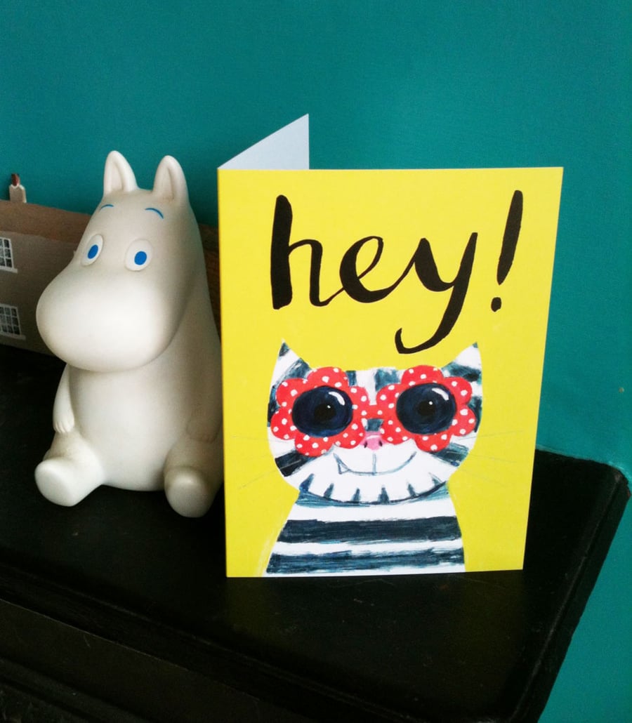 Hey! Cat greetings card happy cat with sunglasses and a smile