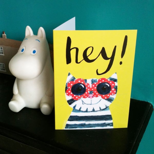 Hey! Cat greetings card happy cat with sunglasses and a smile