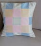 Pastel patchwork cushion cover. Pink, blue & peach. 37x37 cm. Wrapover back.  - Image 2