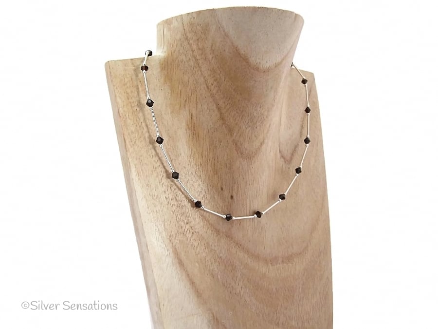 Brown Swarovski Crystals & Sterling Silver Tubes Slim Necklace