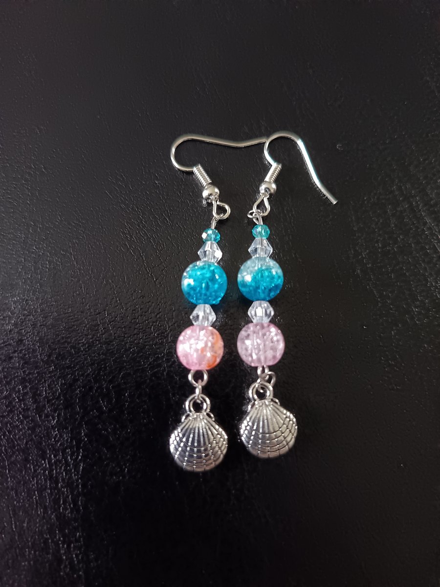 Silver shell charm dangle and beaded earrings 