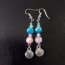 Silver shell charm dangle and beaded earrings 
