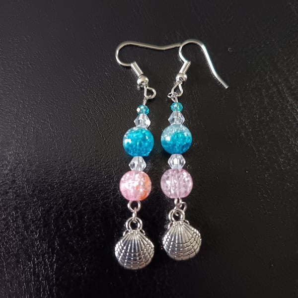 Silver shell charm dangle and beaded earrings 