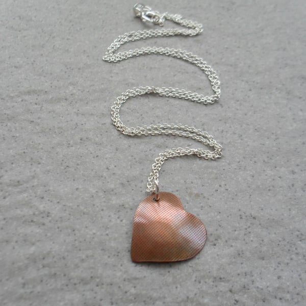 Domed Copper Heart Pendant With Sterling Silver Chain Vintage Style