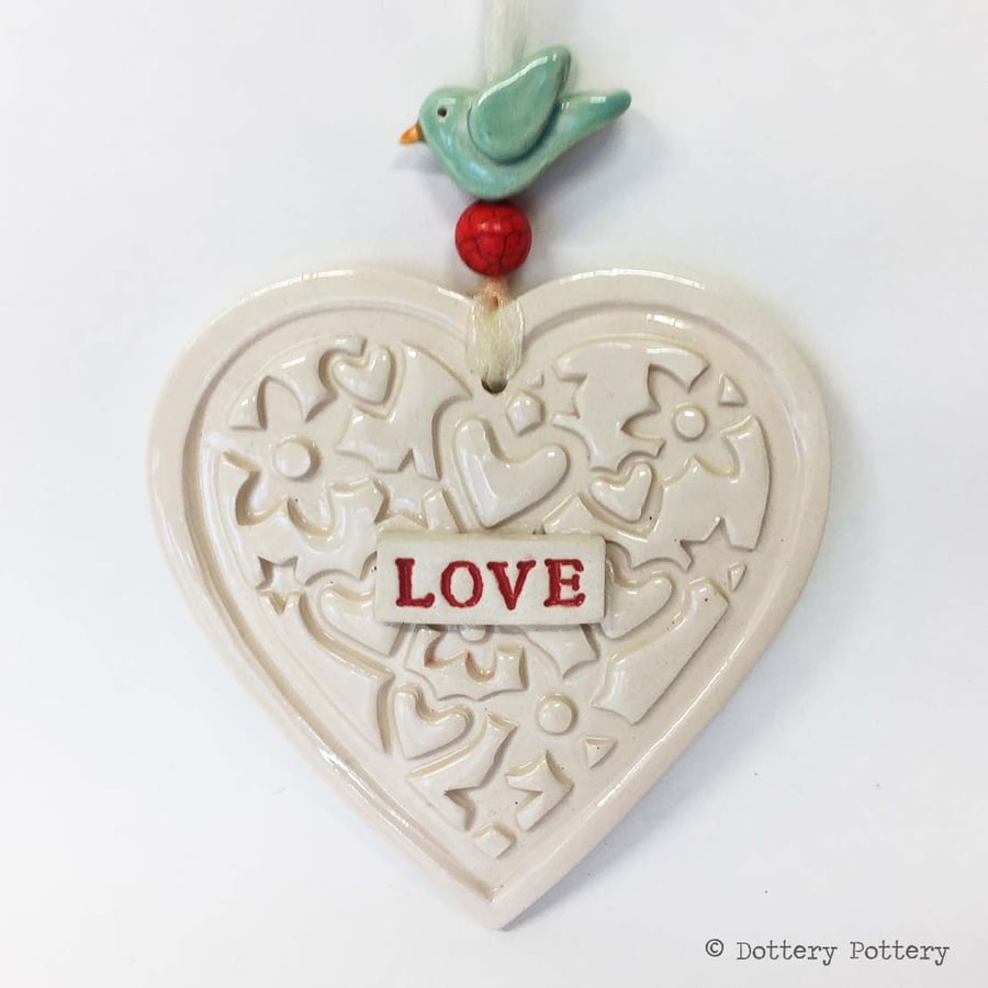 ceramic heart decoration with pottery bird Love heart Wedding