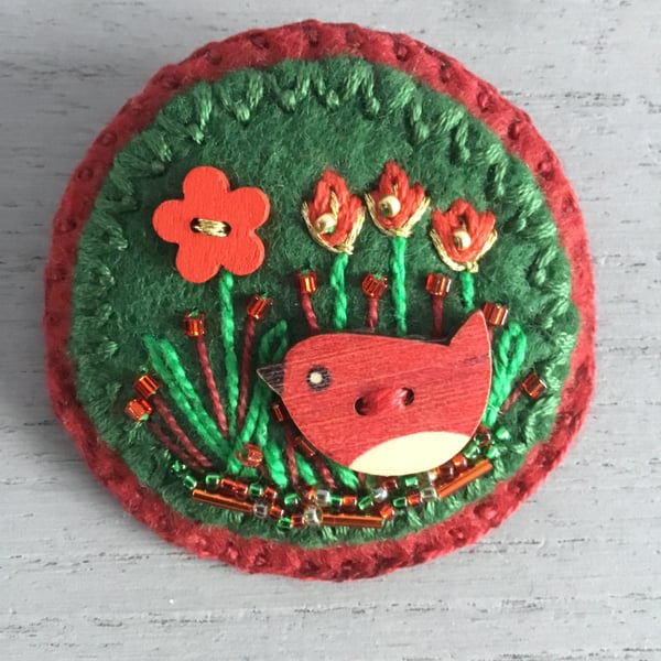 Hand Embroidered Garden Robin Brooch
