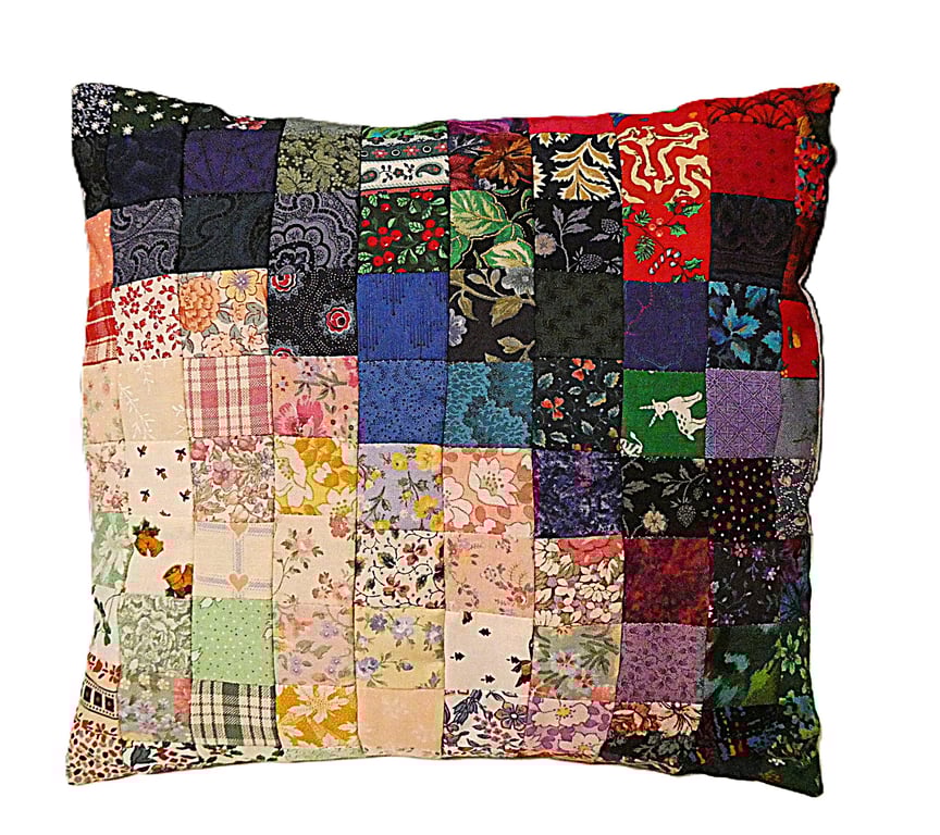 Multicoloured Small Patchwork Cotton Cushion with pad