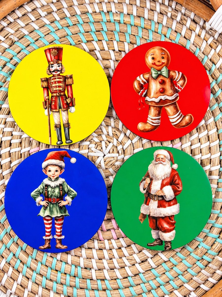 Vintage Christmas Coaster Set – Santa, Nutcracker & Gingerbread Man – Set of 4