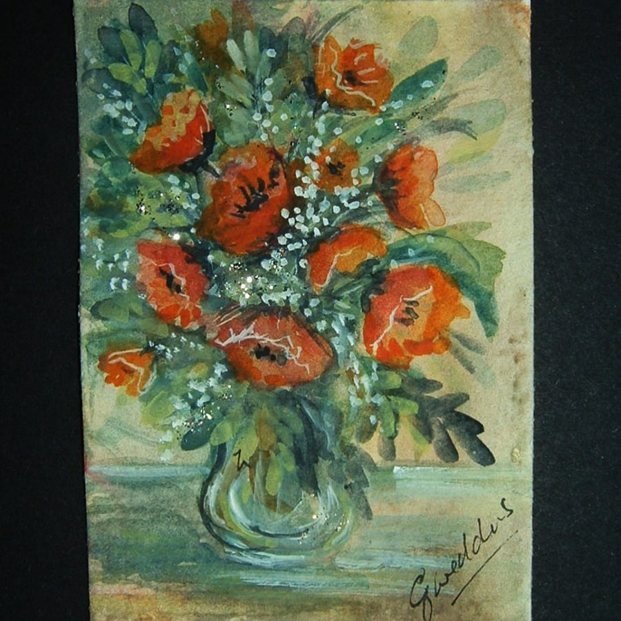 art original painting flowers vase of flowers aceo ref 31