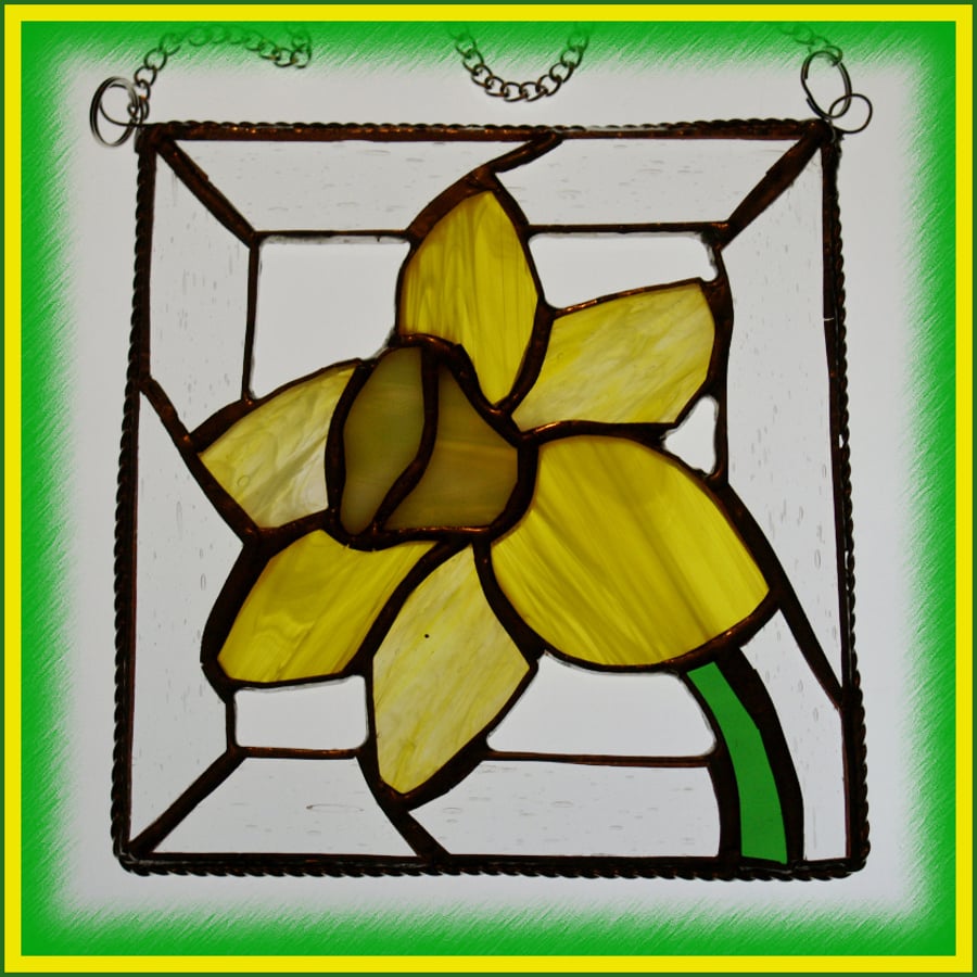 Yellow Daffodil framed suncatcher Stained Glass for Spring Mothers Day