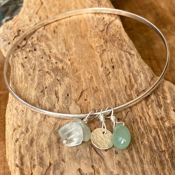 Sterling silver bangle with Aventurine and, Quartz