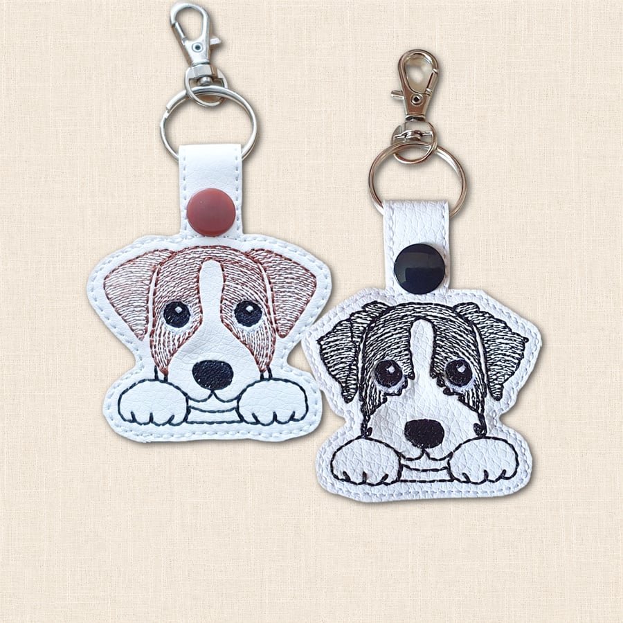 Kawaii Jack Russell Keyring - Embroidered Faux Leather Dog Bag Charm