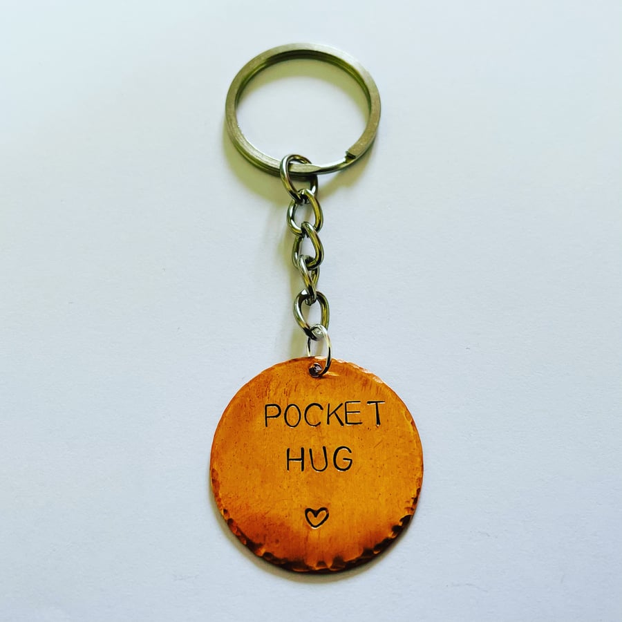 Hand stamped copper ‘pocket hug’ keyring