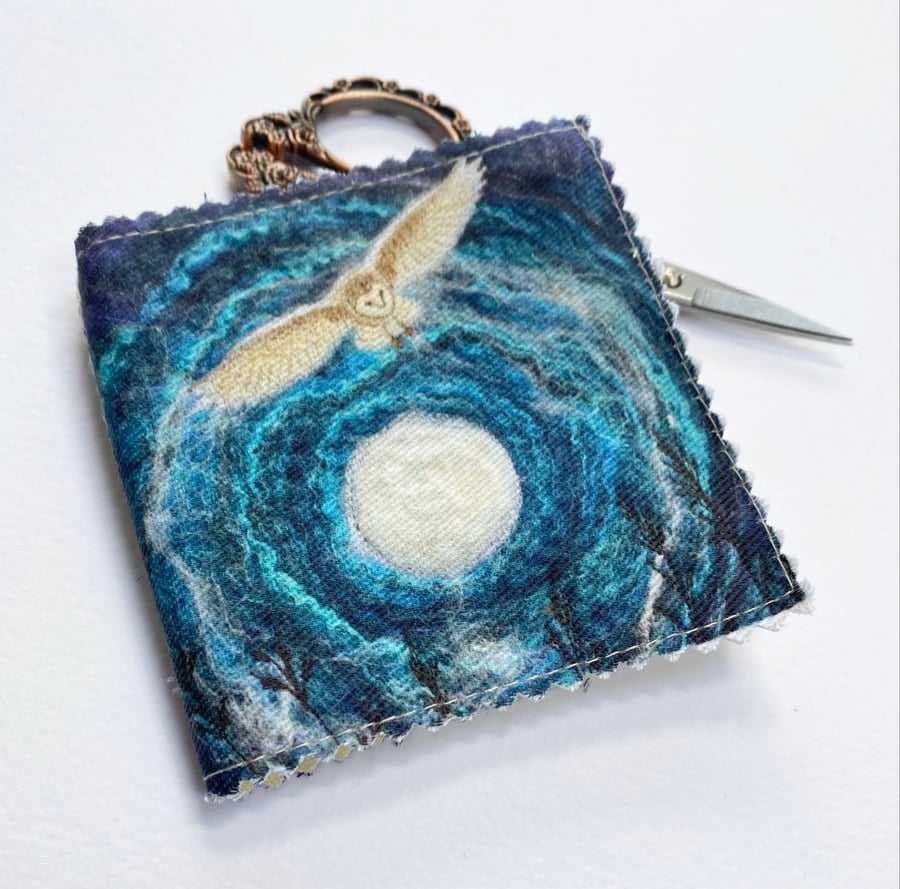 Moonlight barn owl needle, pin and safety pin case. 