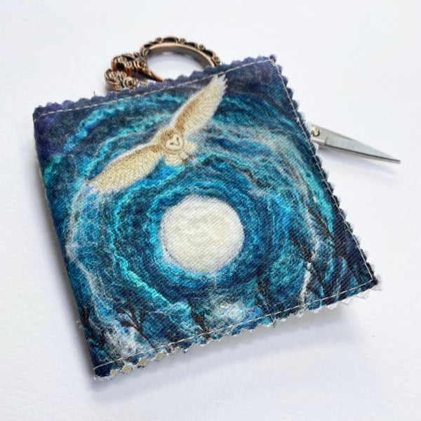 Moonlight barn owl needle, pin and safety pin case. 