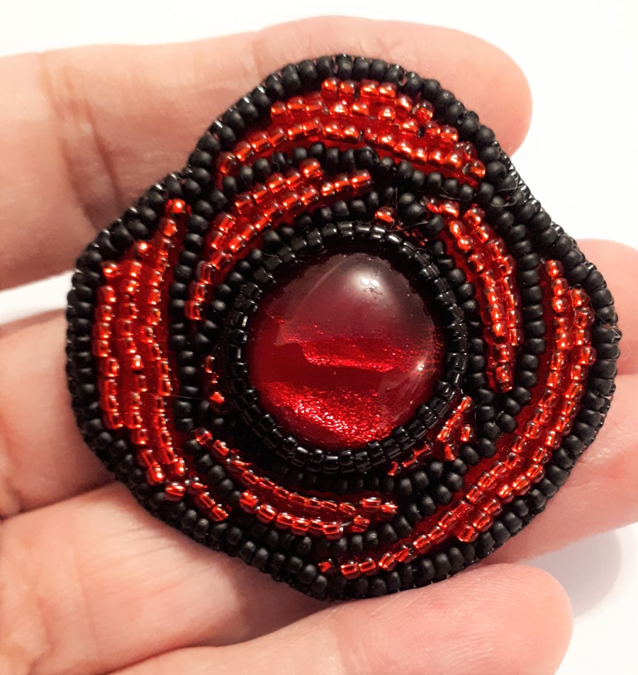 Bead Embroidered Art Deco style Red Rose Brooch - unique, one of a kind