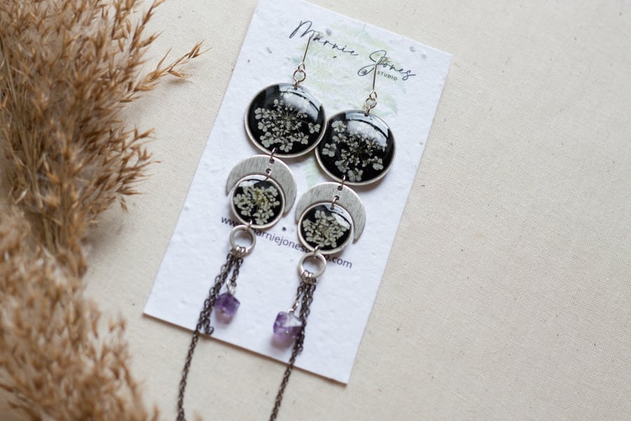 Long black earrings with queen annes lace flowers, sterling silver ear wires.