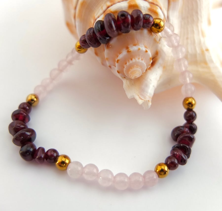 Garnet and Rose Quartz Bracelet With Golden Hematite - Handmade In Devon.