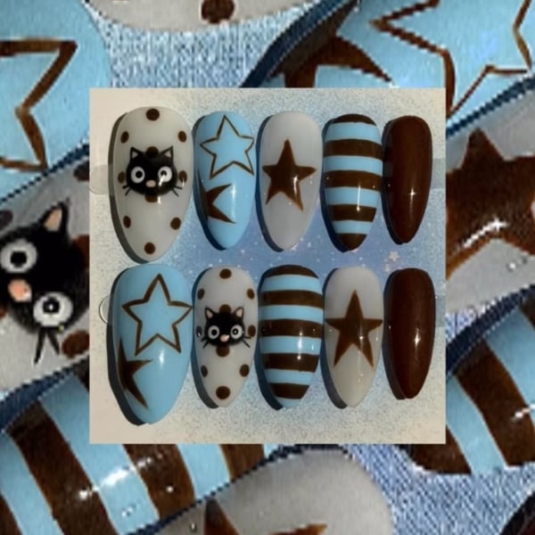 Chococat-Star-Stripe handmade reusable press on nails