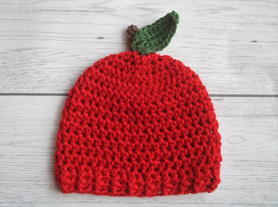 Crochet Apple Beanie Hat, Red Apple, Sizes 0-3 Months - Toddler
