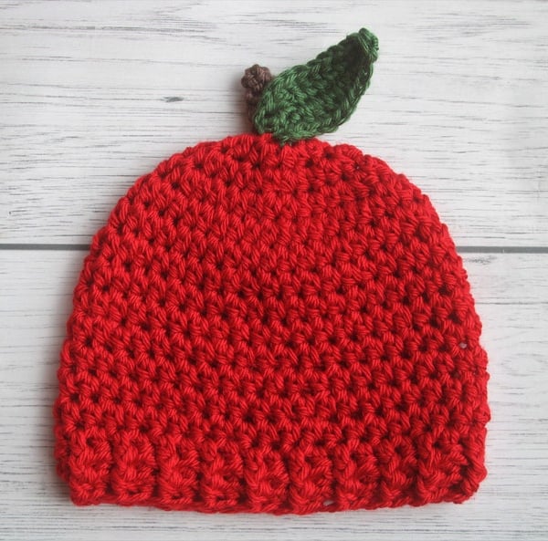 Crochet Apple Beanie Hat, Red Apple, Sizes 0-3 Months - Toddler