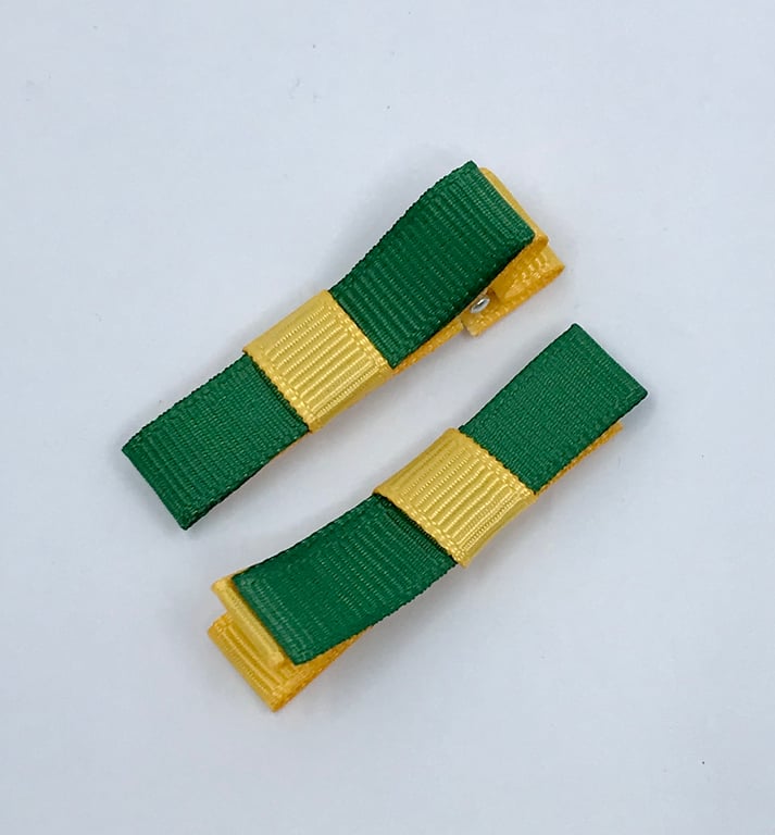 School Small Straight Forest Green and Yellow Gold Bow Clips (pair)