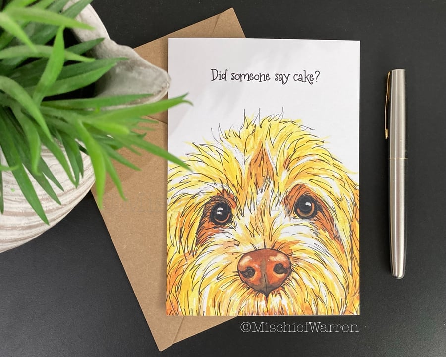 Cockapoo Birthday Card. Yellow Gold Cockerpoo Card. Blank or Personalised
