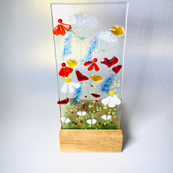 Meadows- fused glass art panel on oak base 