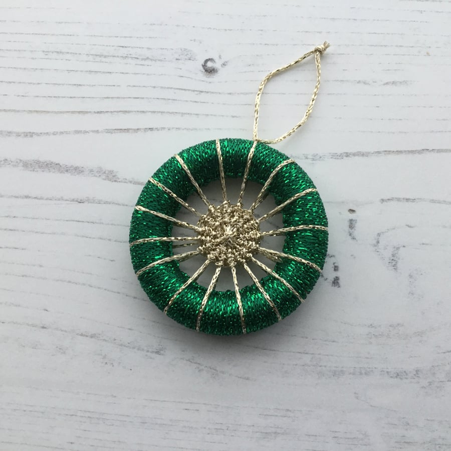 Dorset Button Christmas Tree Decoration in Green and Gold