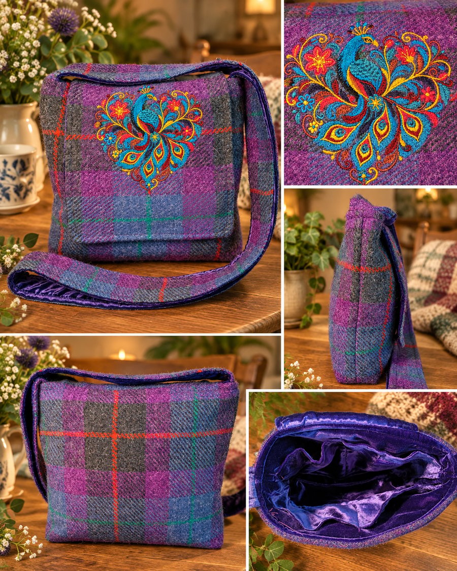 Harris tweed crossbody bag with a heart peacock