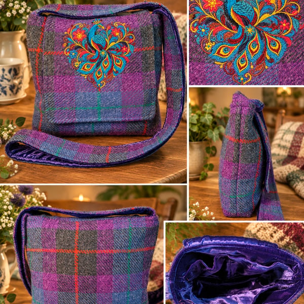 Harris tweed crossbody bag with a heart peacock