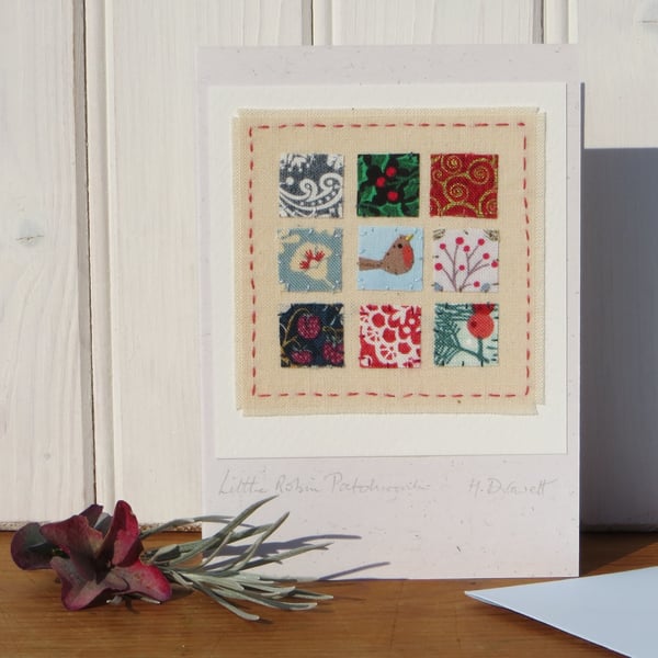 'Little Robin Patchwork'  little hand-stitched card with pretty cotton fabrics